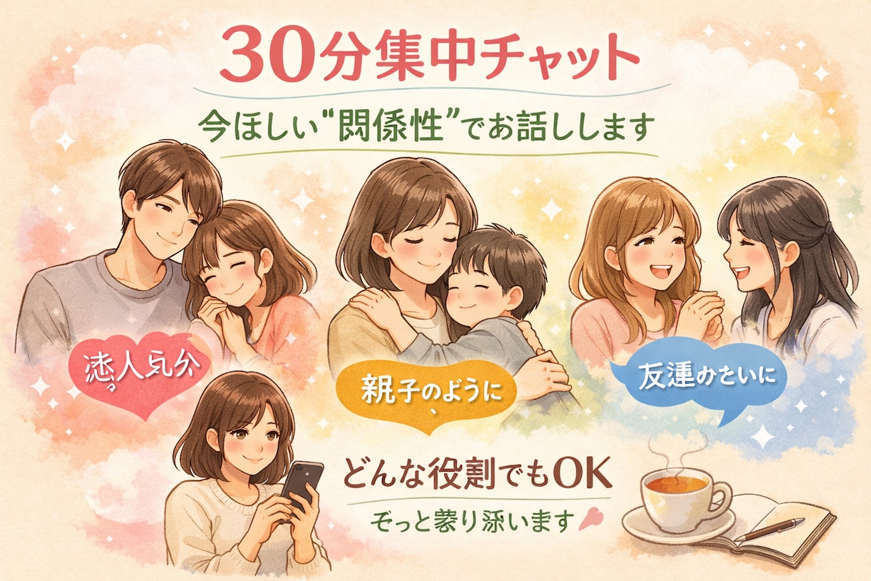 30分集中チャット今ほしい“関係性”でお話しします 近すぎず、遠すぎない場所で。今ほしい関係性を、30分だけ。 イメージ1
