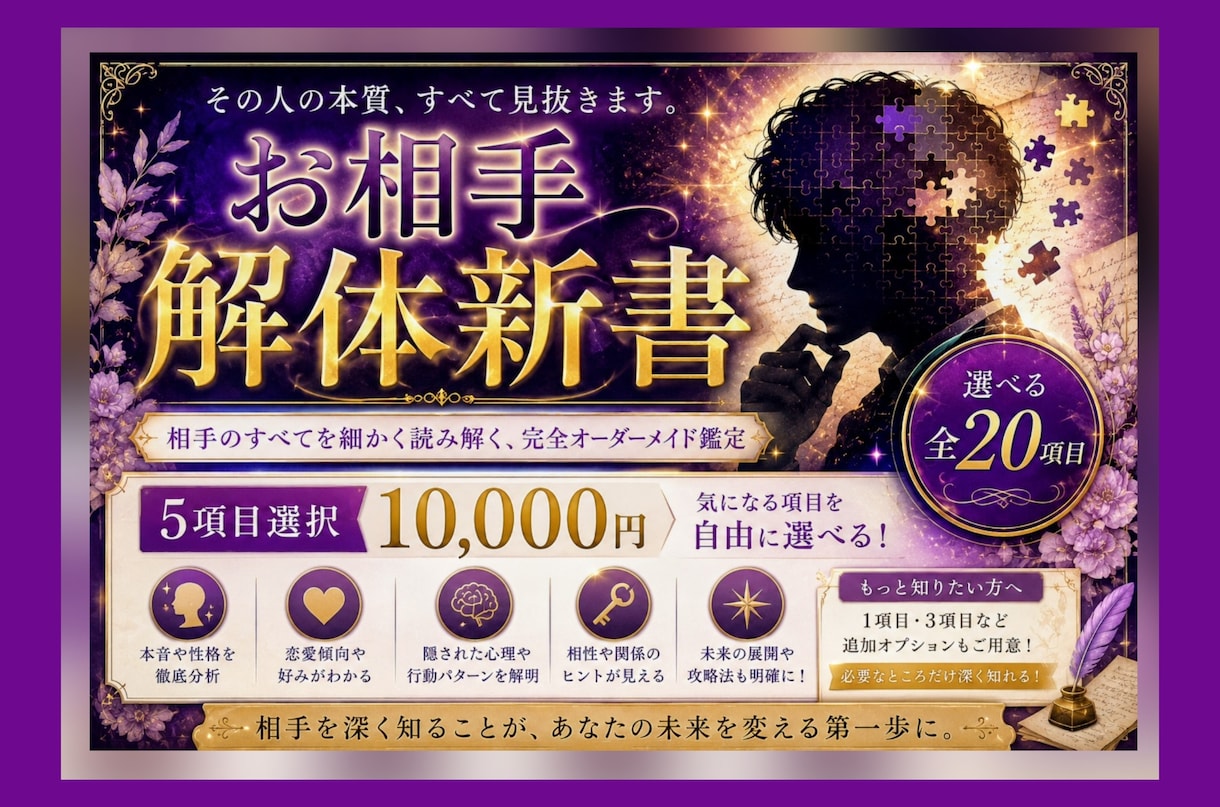 お相手徹底解析❤️『解体新書』鑑定書お届けします ２０項目から選べるオーダーメイド鑑定あなたとの事についても♡ イメージ1