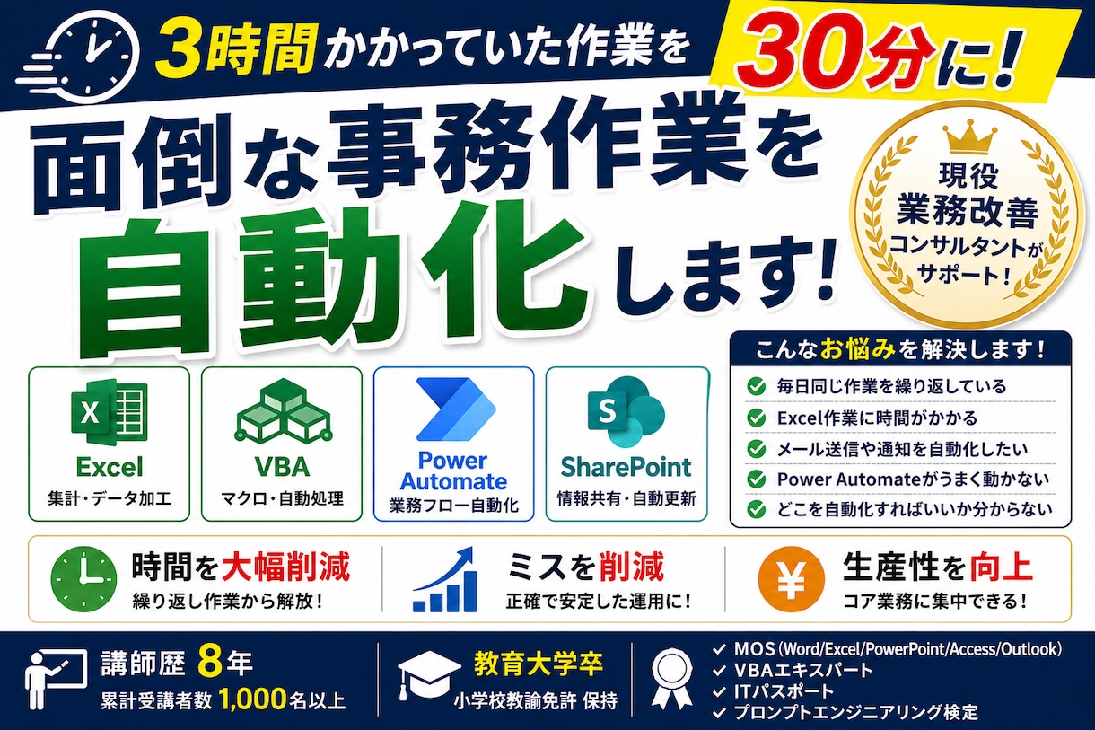 業務改善・Excel作業を自動化します 現役コンサルが業務フローから最適な方法をご提案 イメージ1