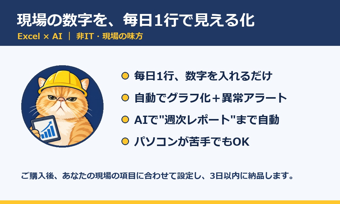 現場の数字をExcelで見える化します パソコンが苦手でも大丈夫。毎日1行で自動グラフに。 イメージ1