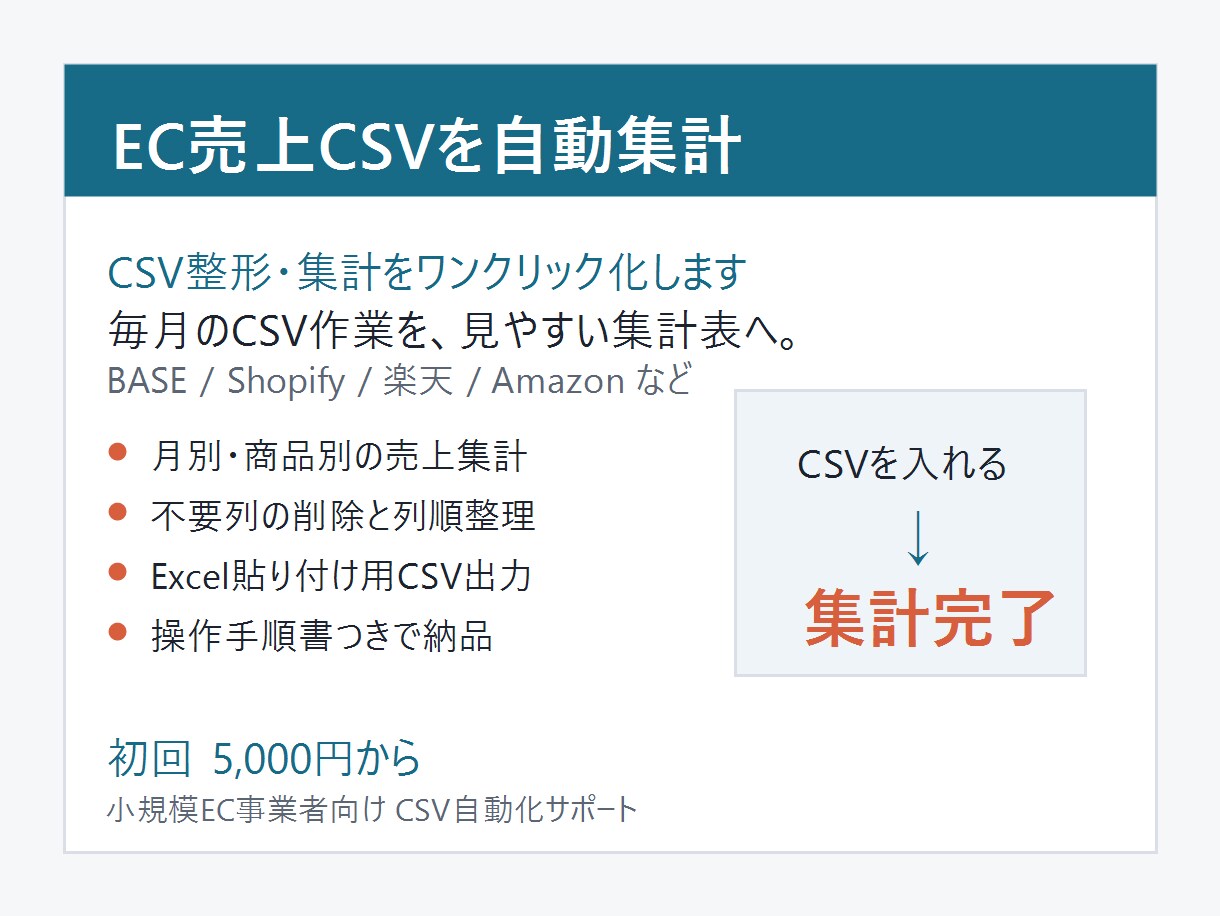 CSV・Excelの単発集計を整えます 1ファイルから小さく業務改善します イメージ2