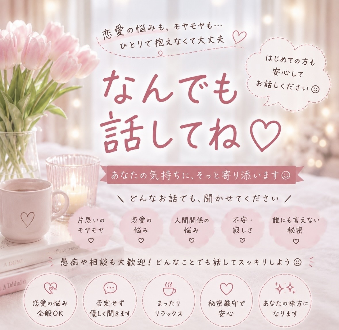 恋愛の悩み♡女友達みたいに一緒に考えます どんな恋愛相談も心が軽くなるよう否定せず聞きます♡ イメージ1