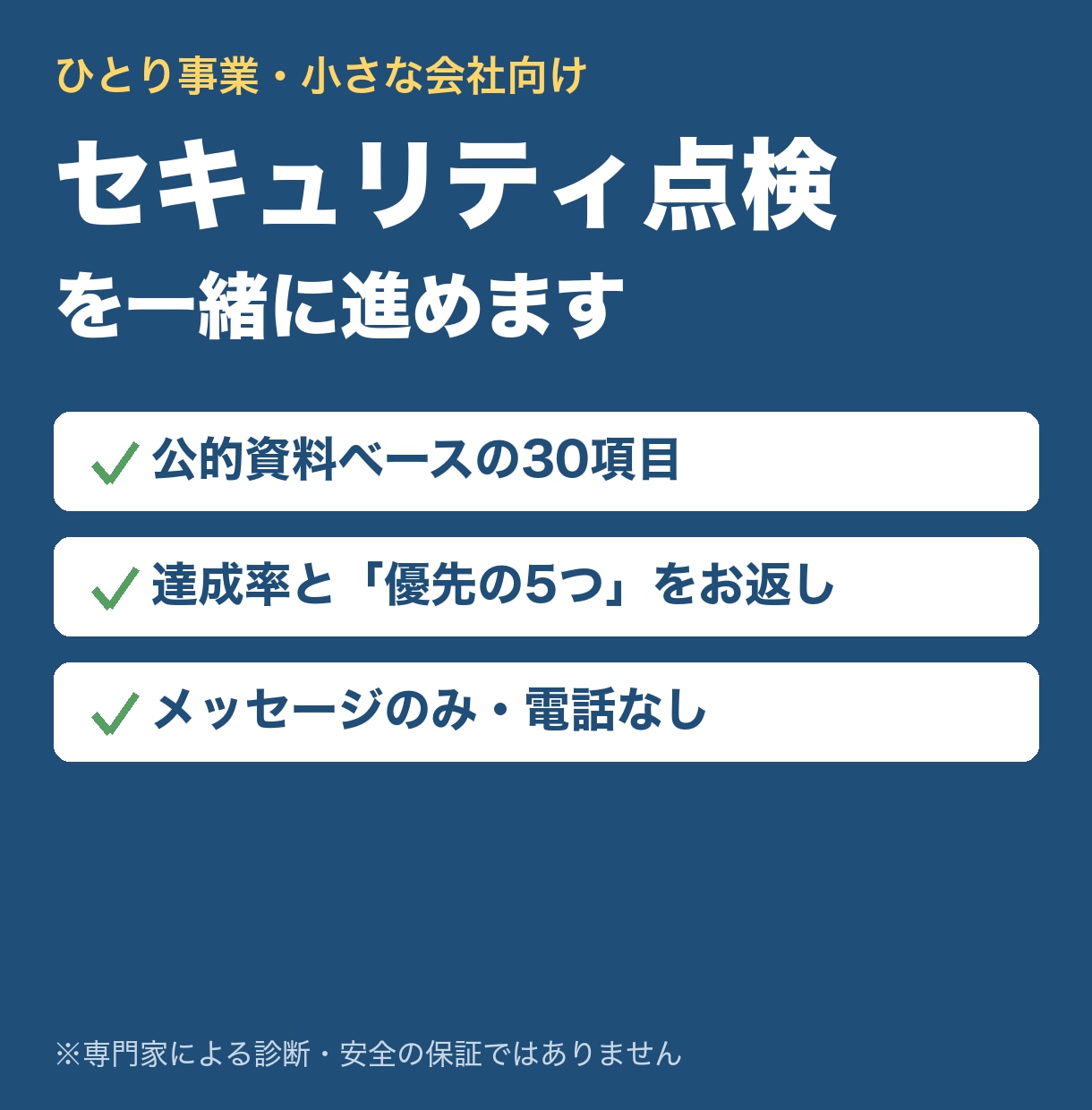 ひとり事業のセキュリティ点検を一緒に進めます 公的資料ベースの30項目で、今日やることを決めます イメージ1