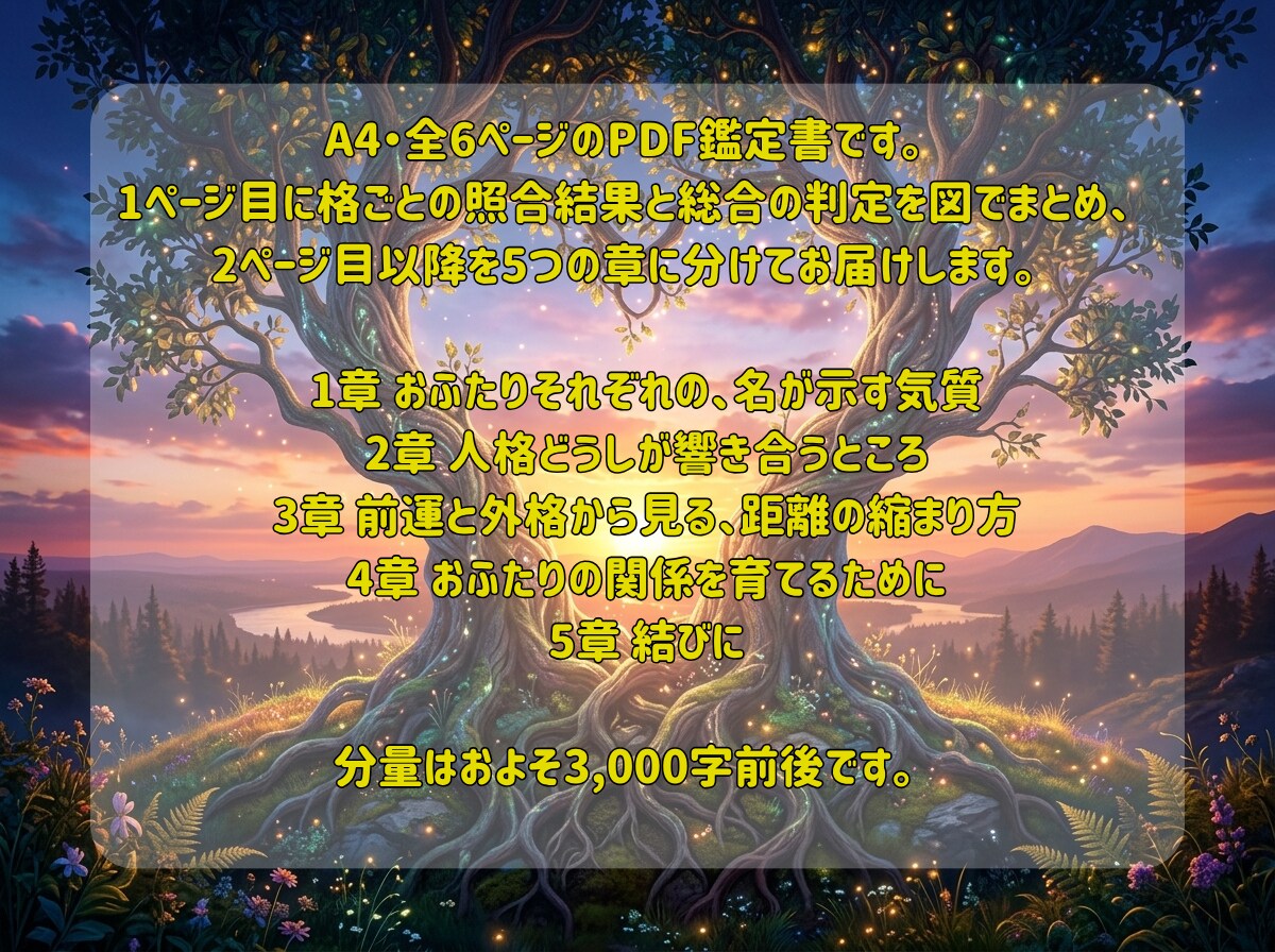 彼との相性と縁の深さを二人の名前から読み解きます お悩みを伺いAIが3000字の相性鑑定書に。24時間でお届け イメージ3