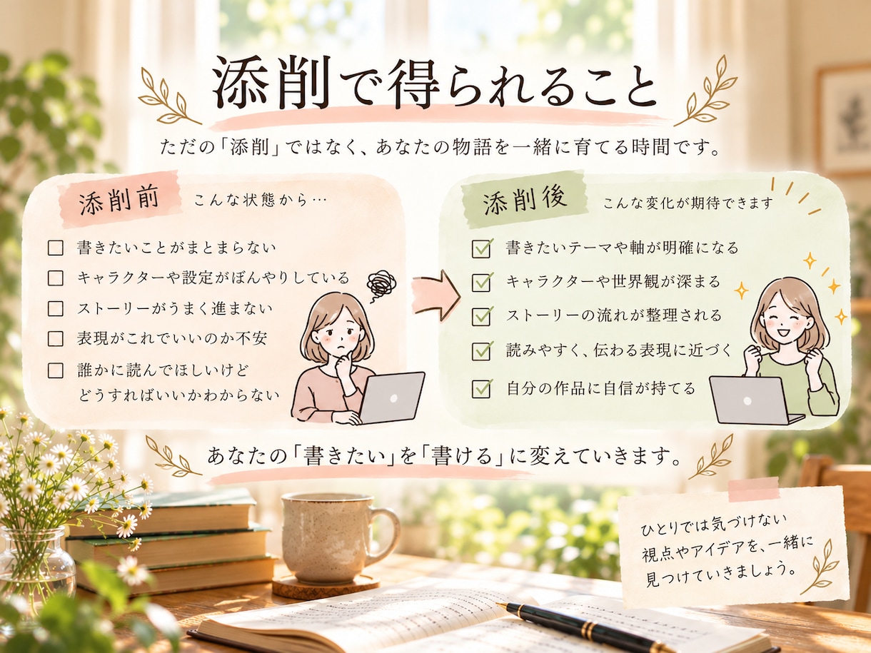 書きたい想いを物語に。小説家が30日間伴走します まずは、貴方らしい物語の紡ぎ方を対話で一緒に見つけましょう。 イメージ6