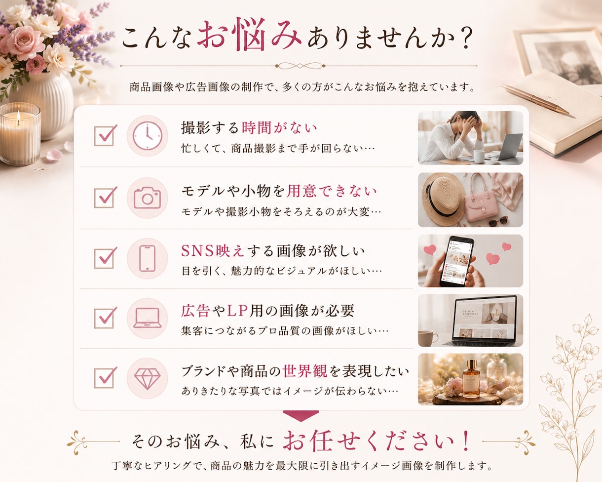 商品の魅力を伝えるイメージを撮影不要で制作します 商品の写真はあるけれど、なんだか魅力が伝わらない… イメージ3