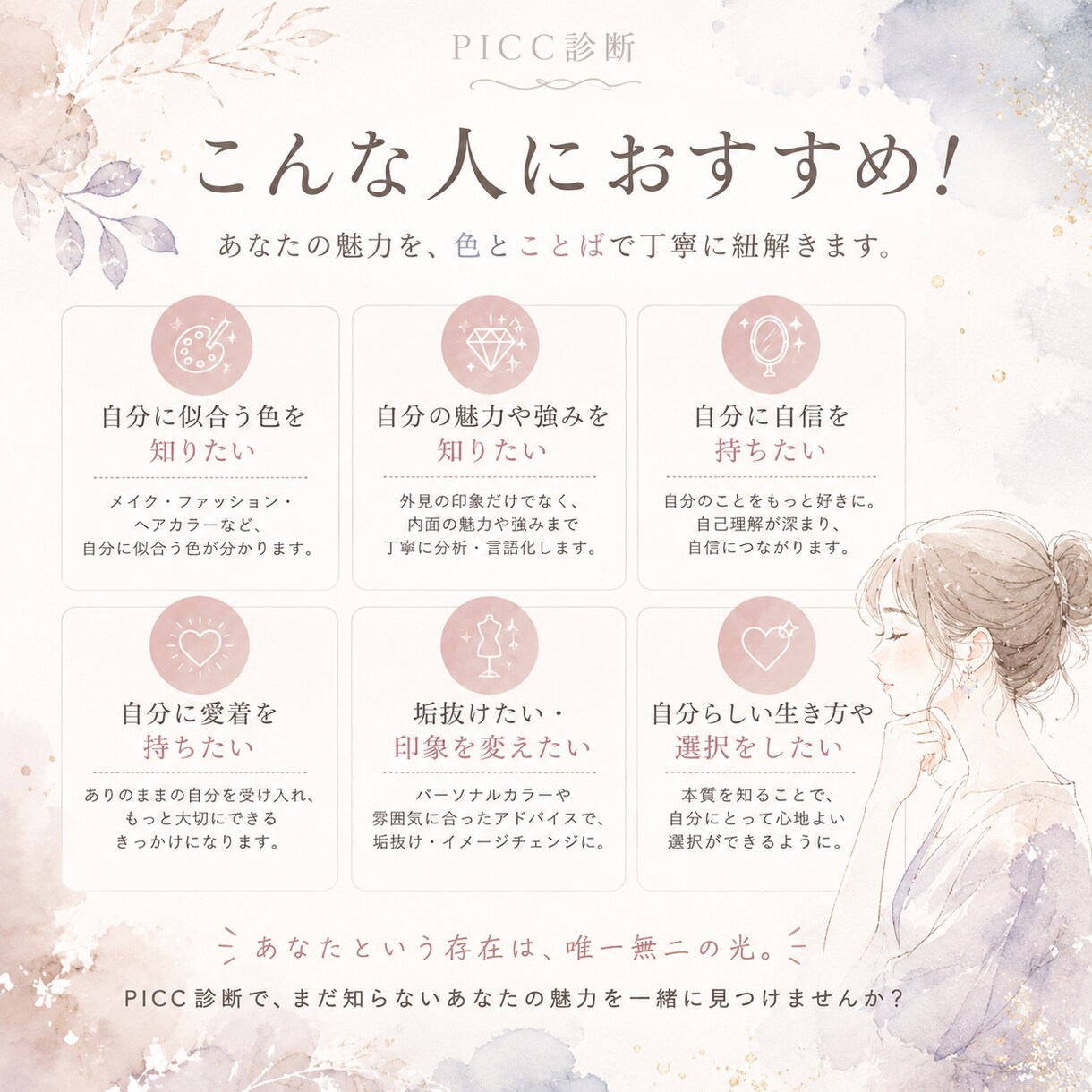 パーソナルカラー16タイプ色・質感・魅力分析します 【完全版】独自理論のPICC診断™️あなたの魅力を言語化 イメージ5