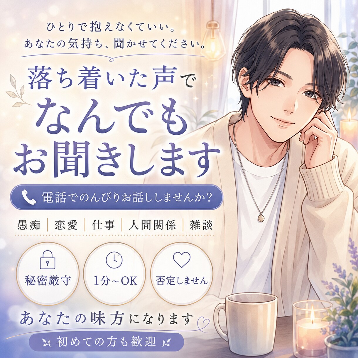 眠れない夜に落ち着いた声でお話を聞きします 愚痴・寂しさ・不安を、あなたのペースで聞きます イメージ1