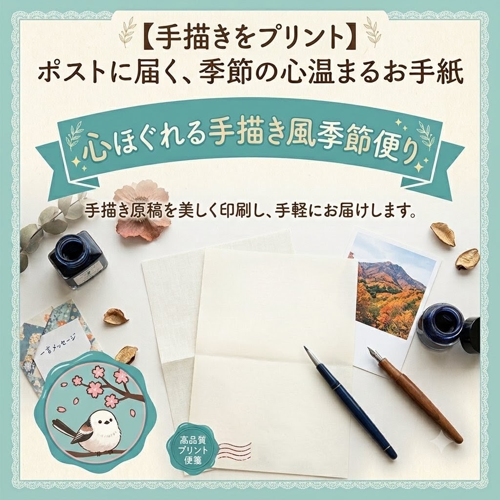手書き文字をプリント。季節の温かいお手紙送ります 便箋2枚（印刷）、ポストカード、小さいお手紙。お手頃価格 イメージ1