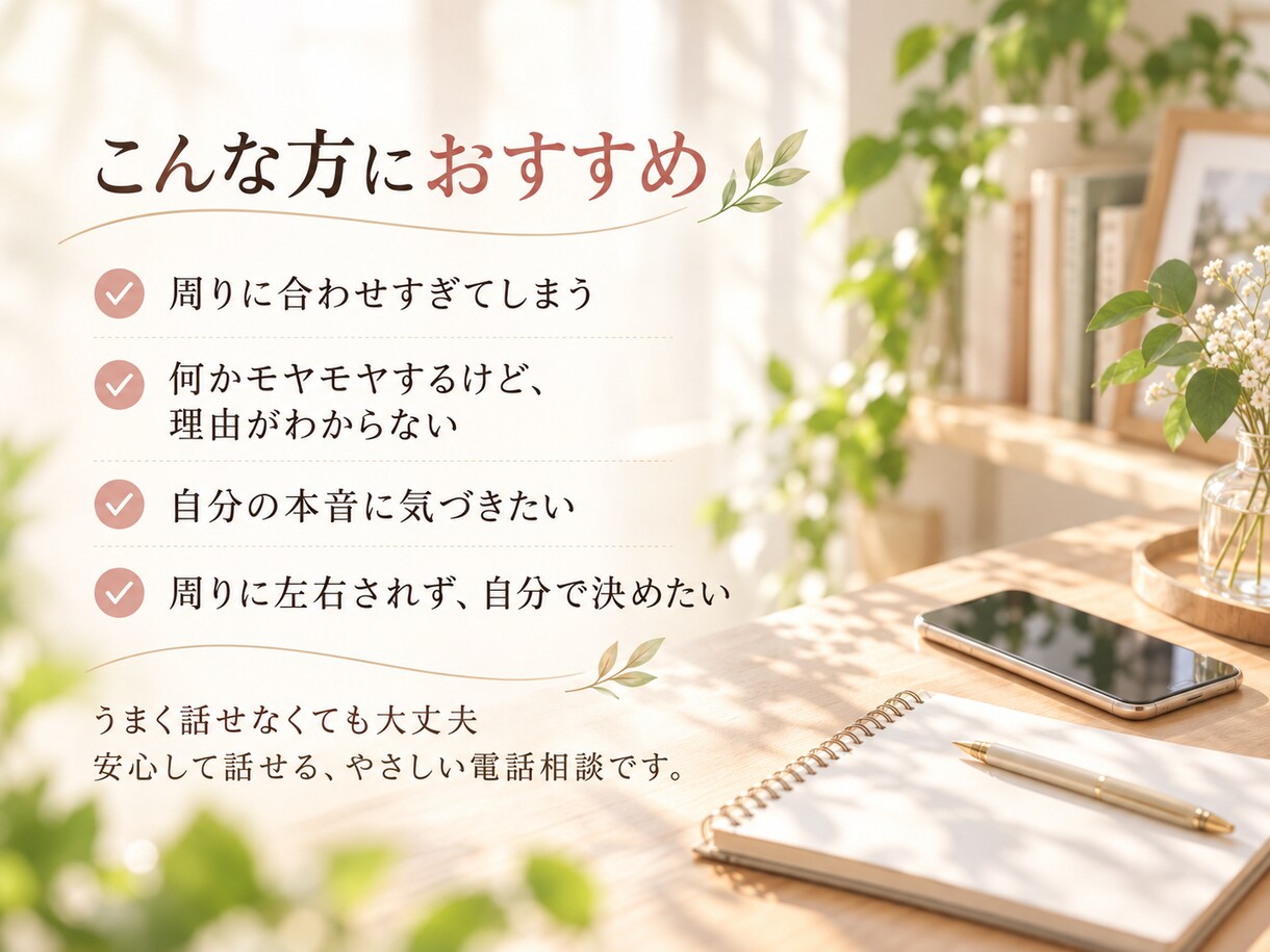 自分の中にある本当の気持ちに気づくお手伝いをします 話しながら、気持ちや本音を一緒に整理していきます イメージ3