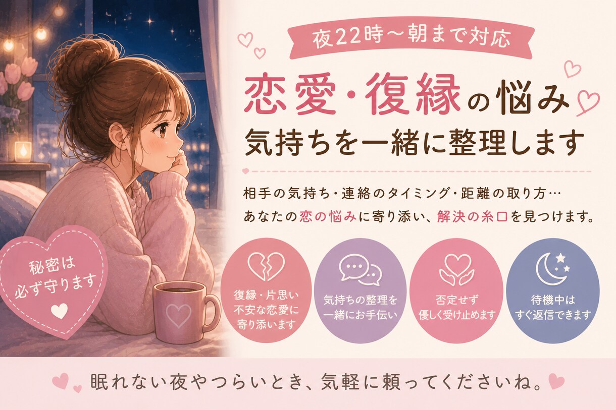 復縁・恋愛の悩み｜気持ちを一緒に整理します 不安な恋愛、一人で抱えなくて大丈夫です イメージ1