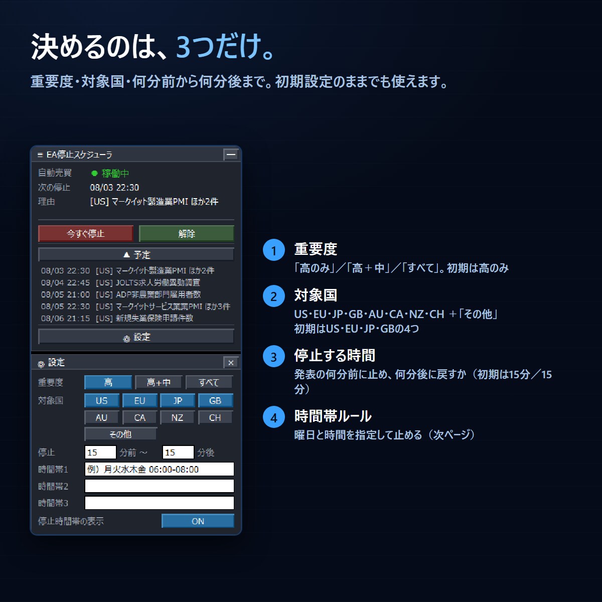 MT5のEAを経済指標と時間帯で自動停止します 口座数の制限なし。指標の前後だけ自動で止めます イメージ4