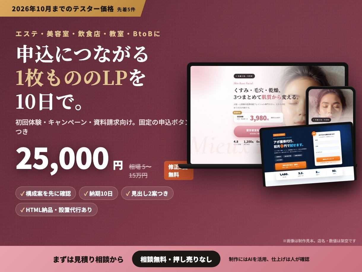 反応が取れる1枚もののLPを作ります 初回体験・キャンペーン向け。10月までのお試し価格 イメージ1