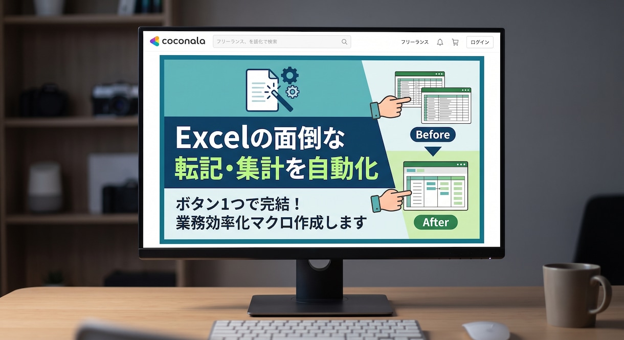 Excelの面倒な転記・集計を自動化します 毎日のコピペ作業を解消！ボタン1つで完結するマクロを作ります イメージ1