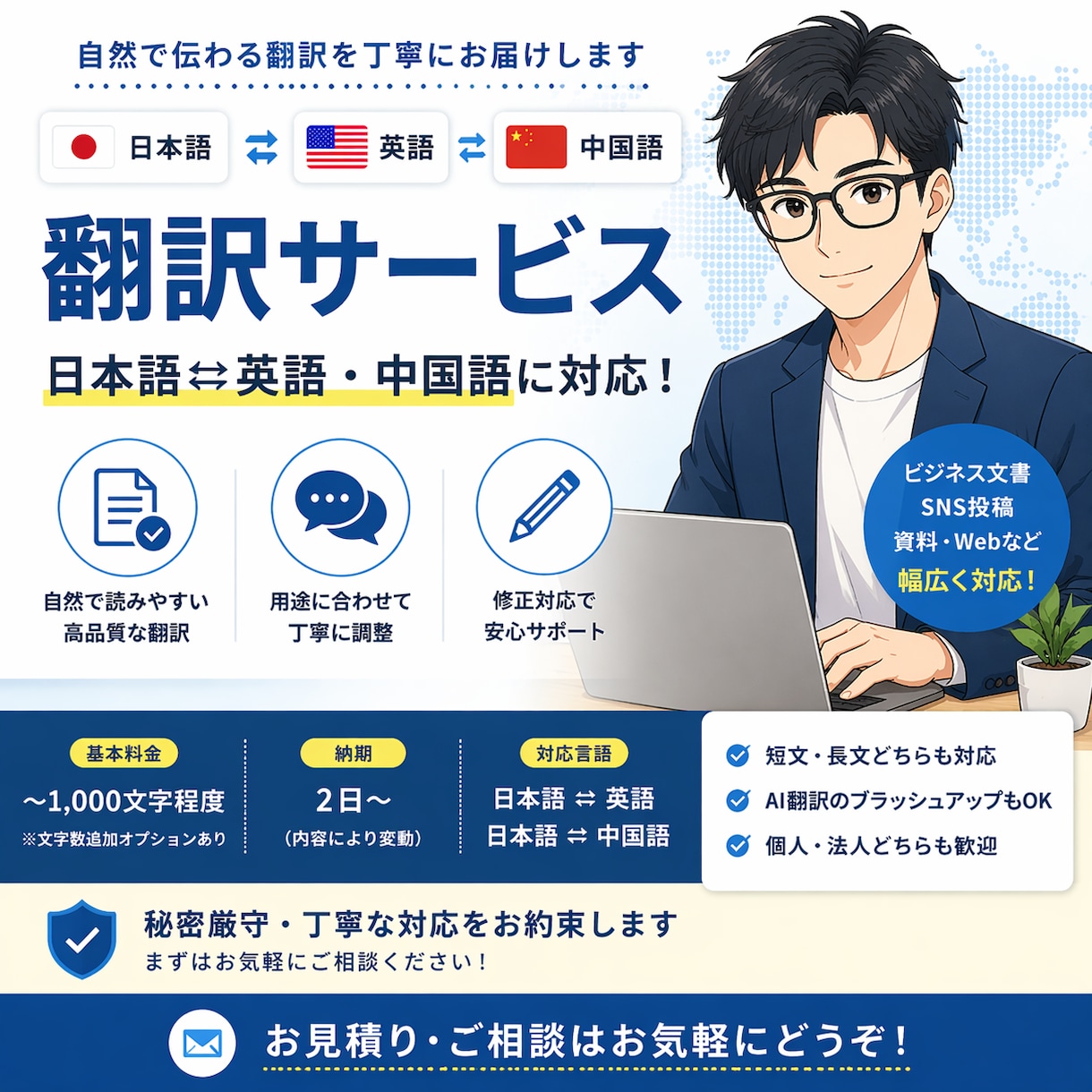 日本語⇄英語・中国語の翻訳を行います 短文でも対応。丁寧に自然な翻訳を提供 イメージ1