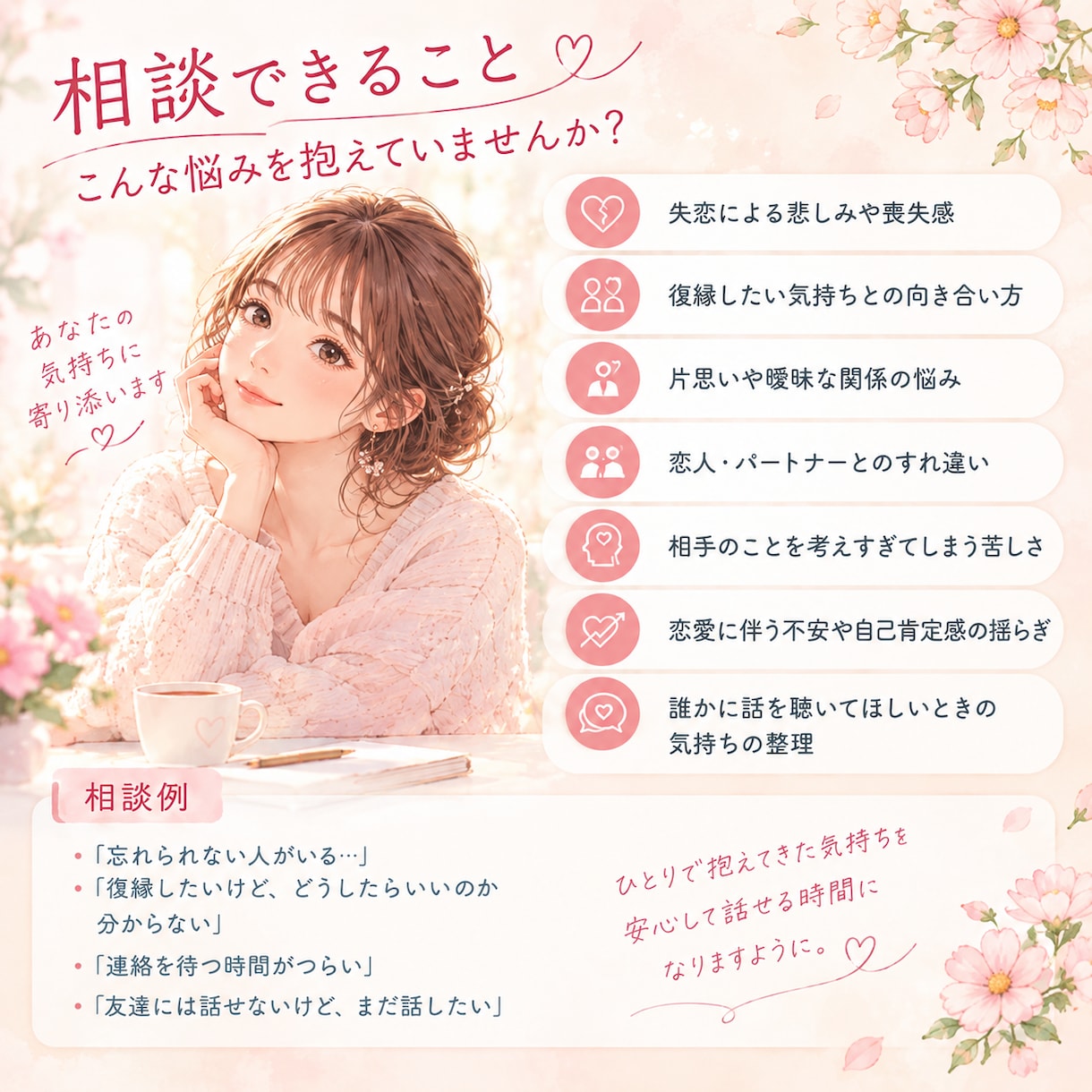 恋愛でいっぱいになった心を安心してほどきます 答えを急がずあなたの気持ちをじっくり聴き、一緒に整理します✿ イメージ3
