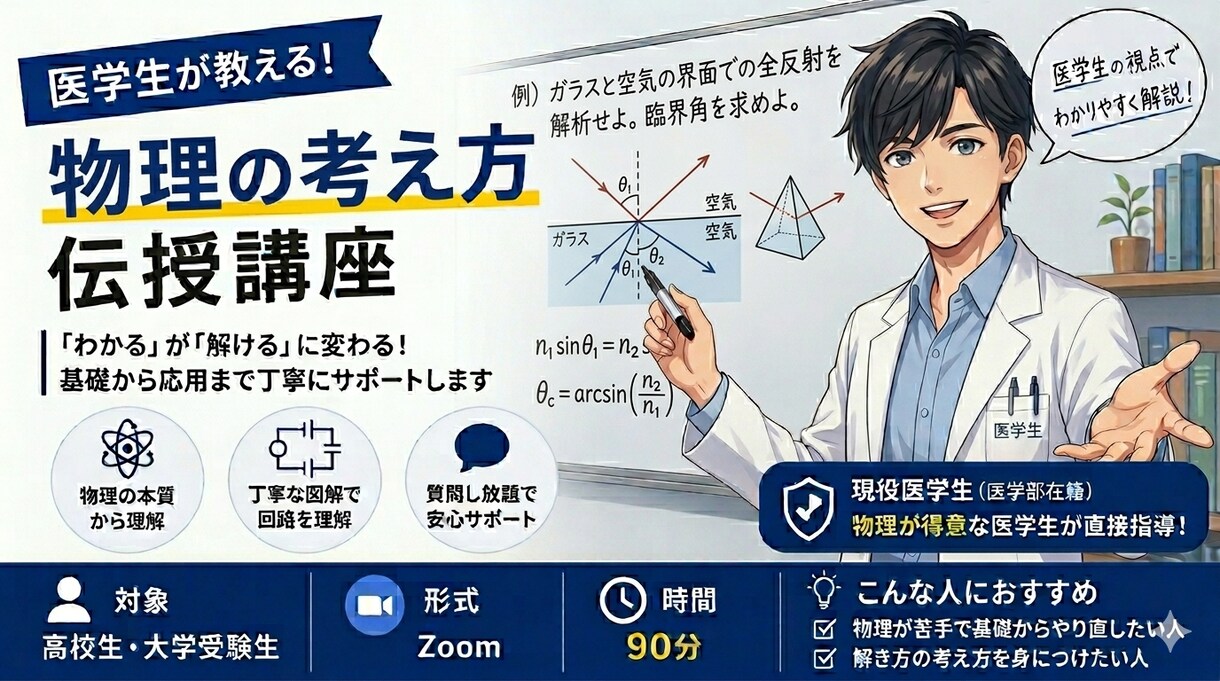 医学生が物理を個別指導します 公式丸暗記を脱却し、難関大物理を突破する思考法を伝授します。 イメージ1
