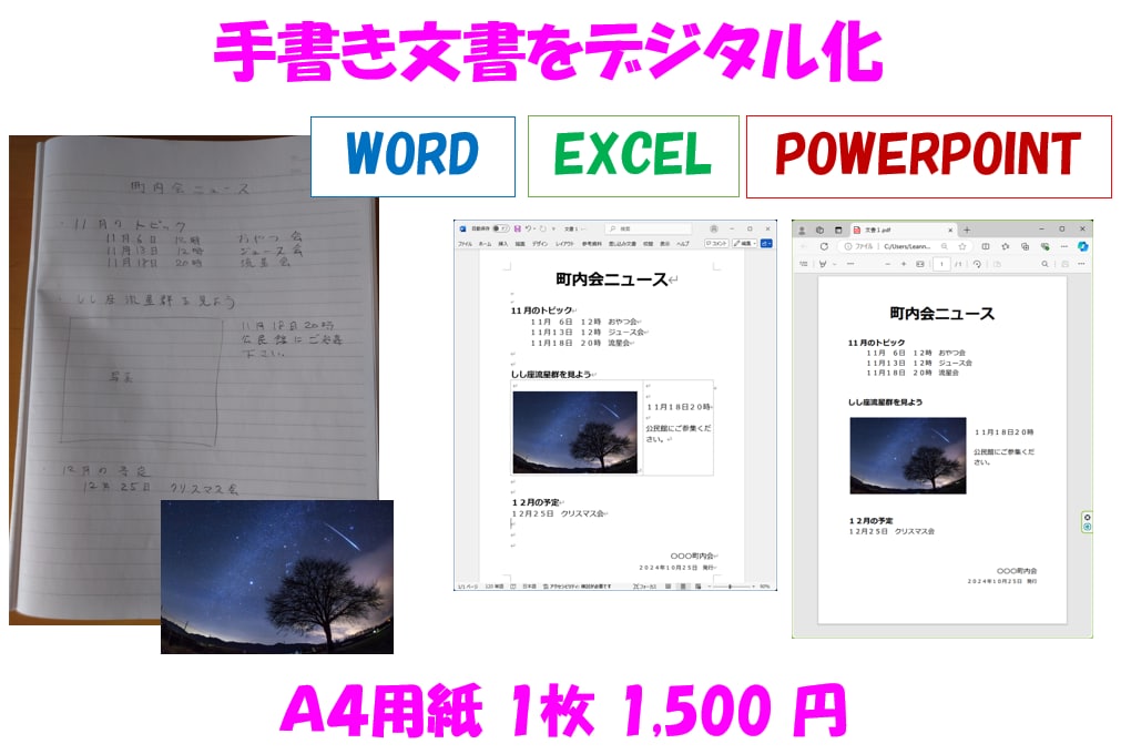 手書き文書をデータ化、デジタル化します 手書き文書をWord、Excel、PowerPoint へ イメージ1