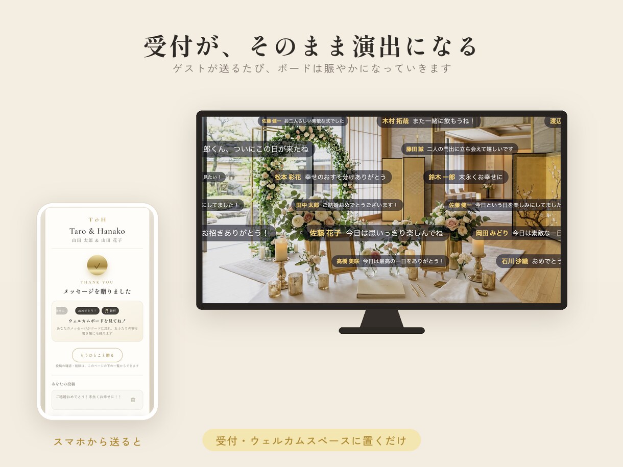 結婚式の動くデジタル芳名帳・寄せ書き作ります 受付のQRから祝福が届く、ゲスト参加型の新しい演出 イメージ3