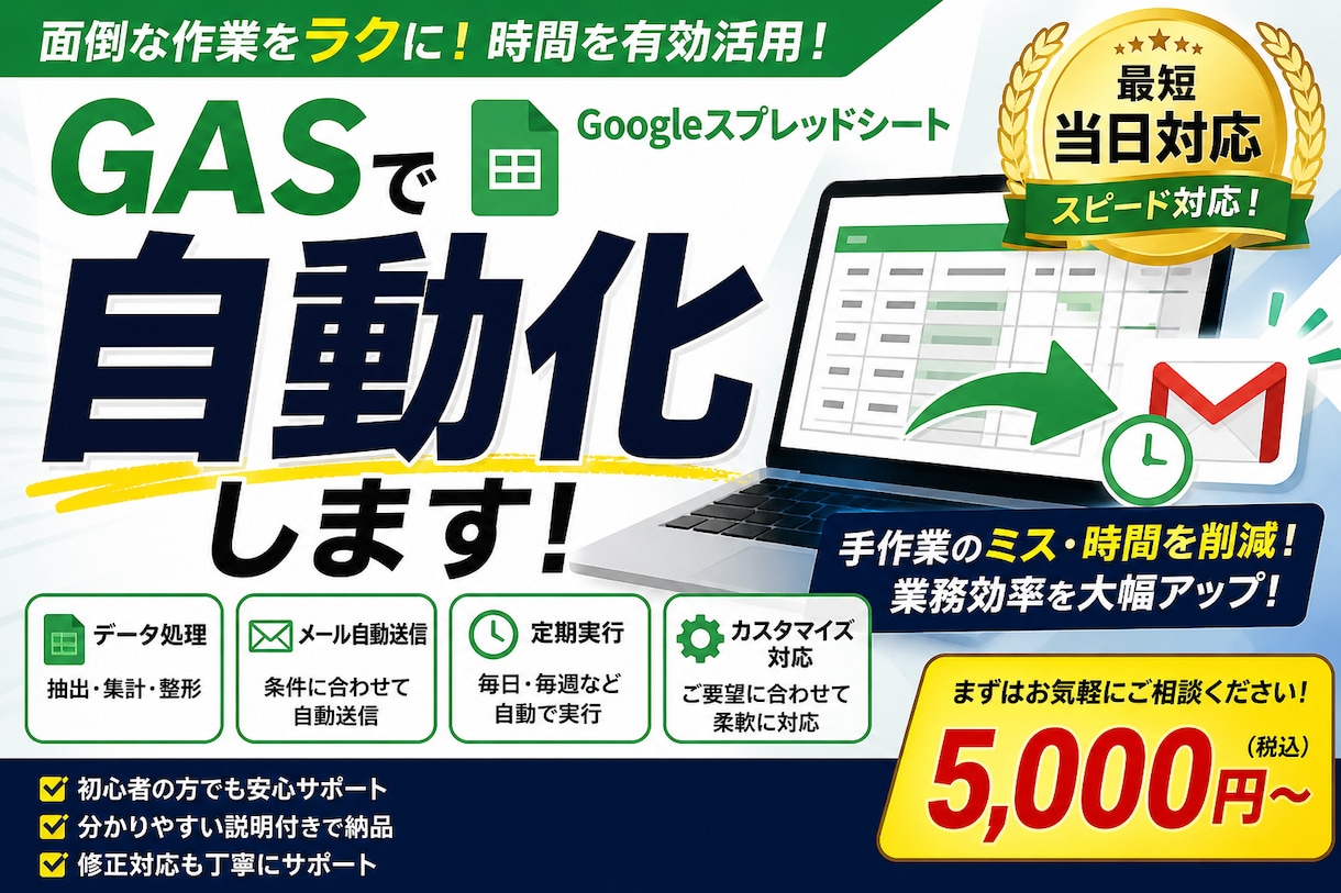 面倒な作業をGASで自動化します 手作業の時間とミスを削減します イメージ1