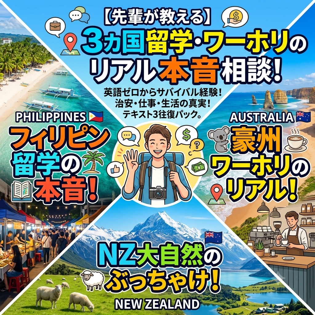 英語力ゼロからの留学やワーホリの相談に乗ります 英語ゼロからの留学・海外生活の不安や気になる事をお答えします イメージ1