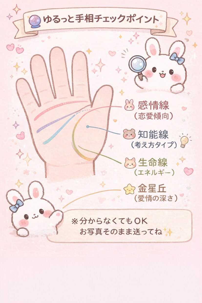 ゆるうさぎちゃんの ゆるっと恋愛手相占います ゆるうさぎちゃんによるエンタメ感覚の恋愛ゆる占いです。 イメージ2
