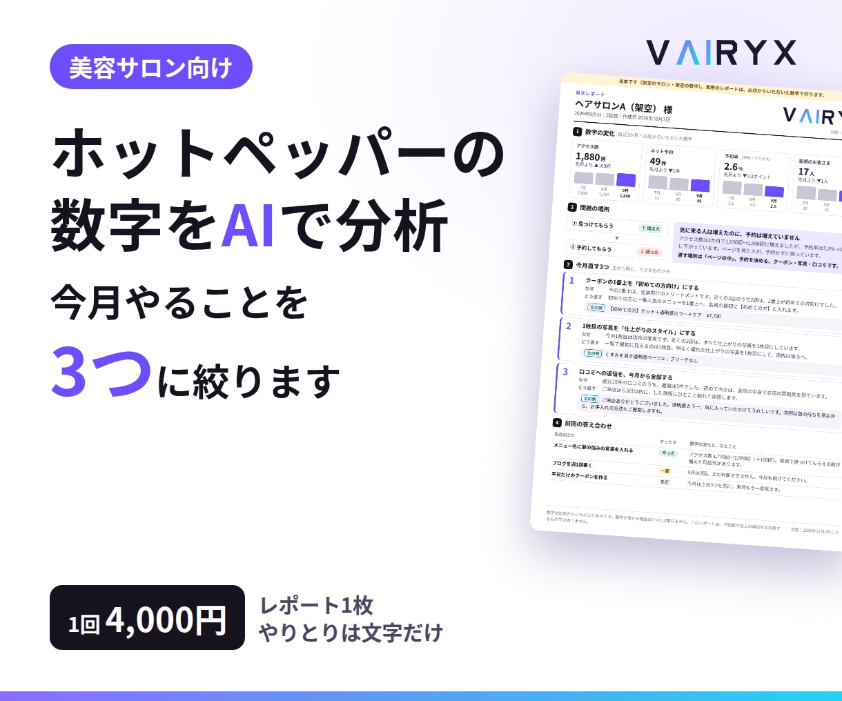 ホットペッパー集客をAI分析し改善点を3つ伝えます 美容サロン向け｜ライバル店と比べて今月やることを3つに イメージ1