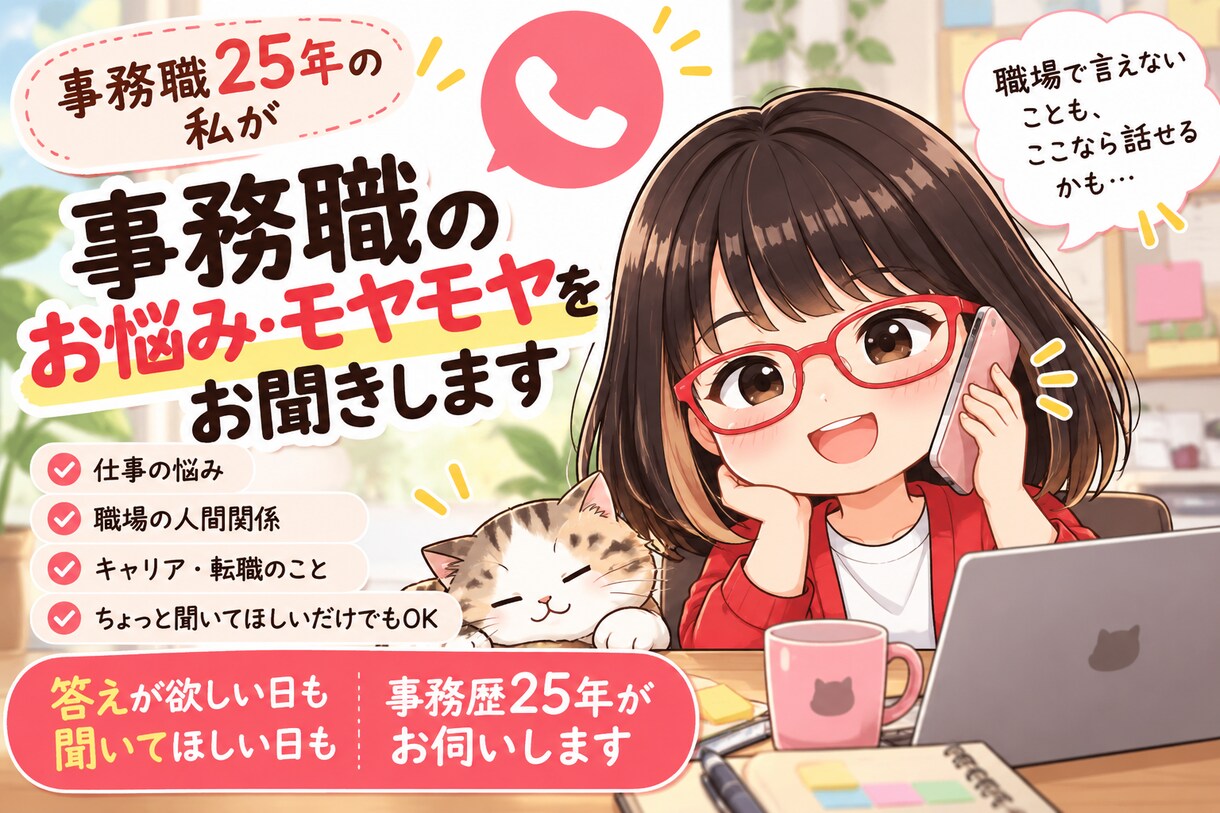 事務職のお悩み・モヤモヤをお聞きします 答えが欲しい日も聞いてほしい日も事務歴25年がお伺いします イメージ1