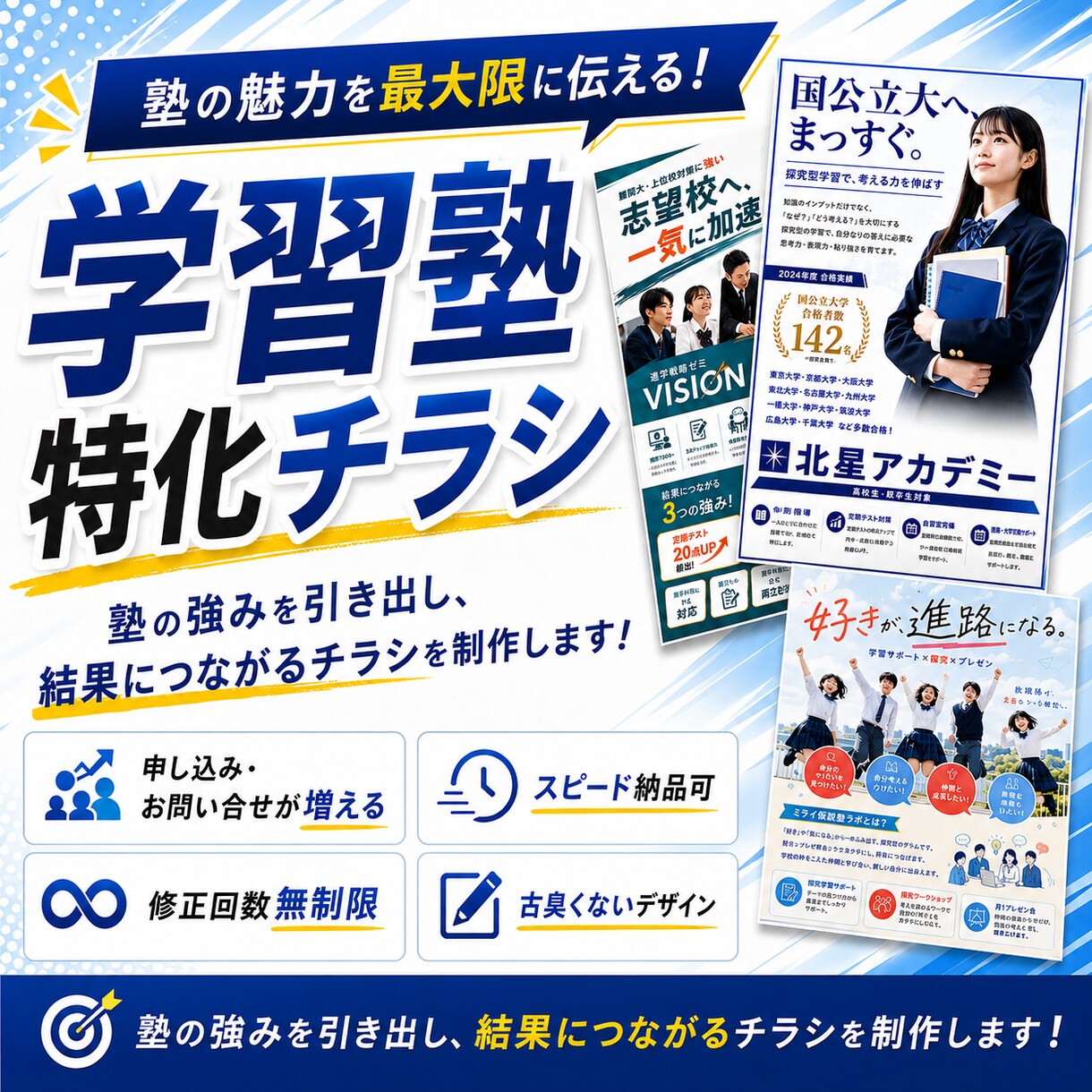 塾・予備校特化！生徒集客に繋がるチラシを制作します ☆6月期間限定割☆貴校の魅力を最大限に引き立てるデザイン☆ イメージ1