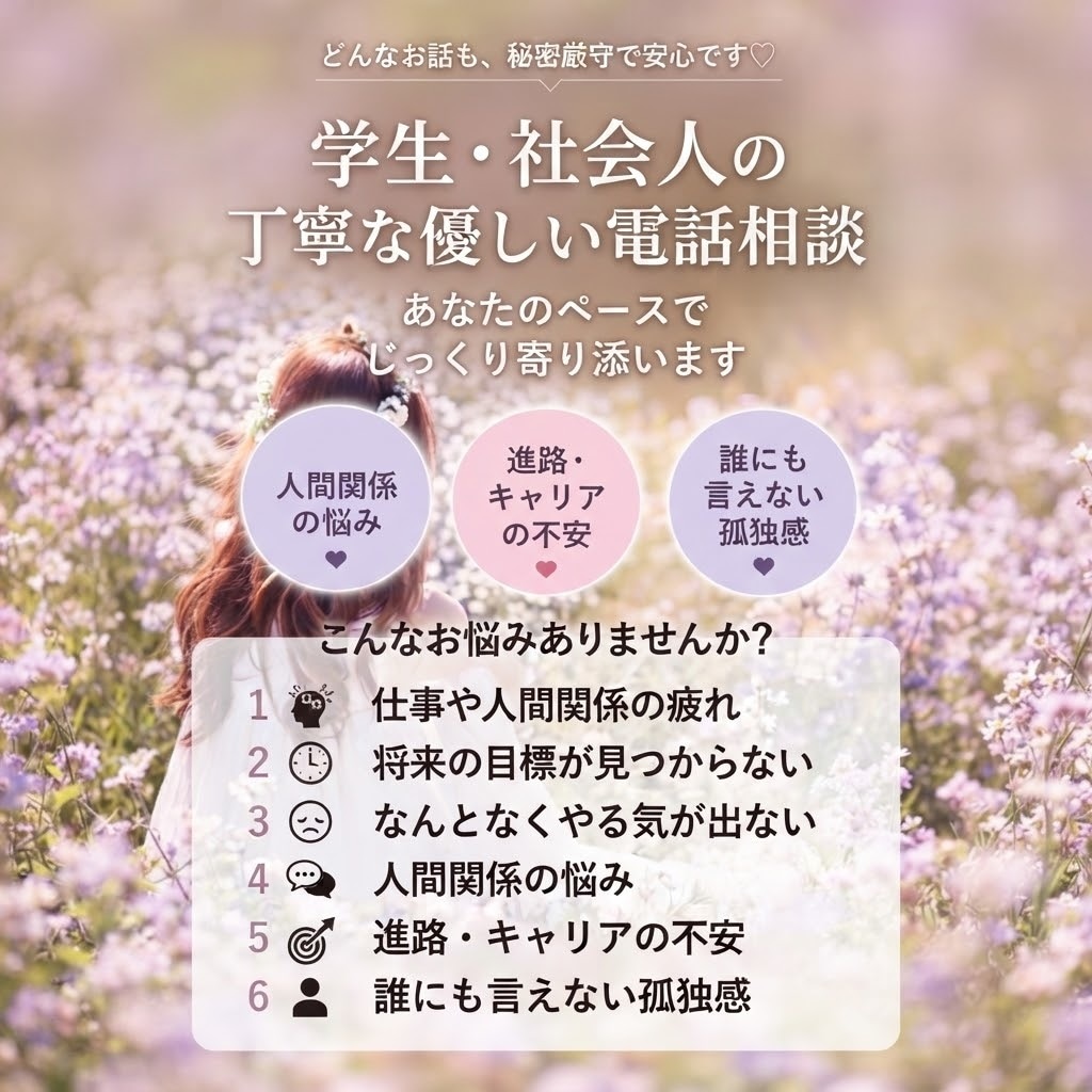 学生・社会人のお悩みを電話で丁寧に聞きます 夜も対応可。学生・社会人専門の聞き役です イメージ1