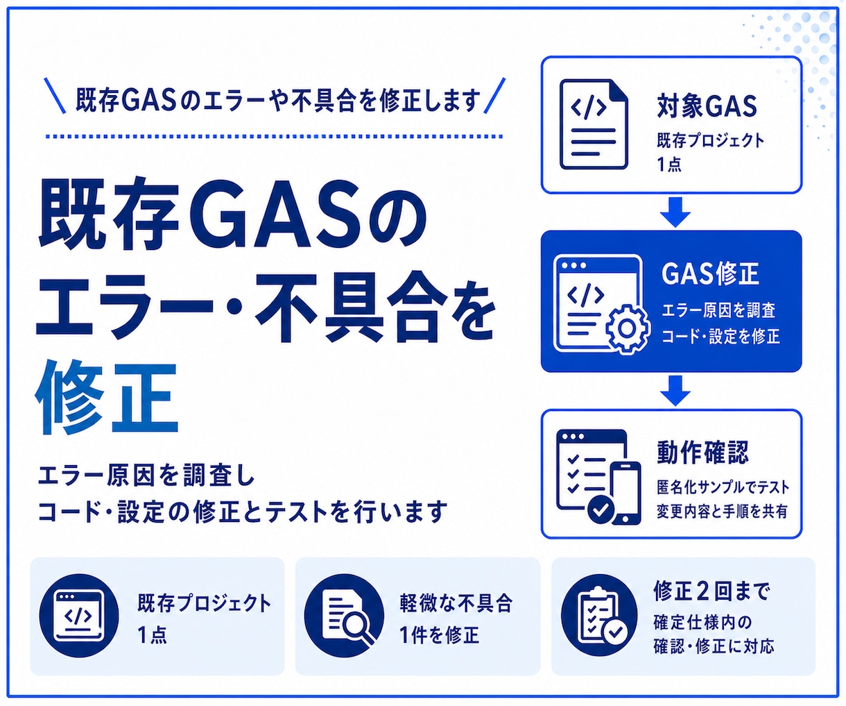 既存GASのエラーや不具合を修正します 原因調査からコード修正とテストまで対応します イメージ1
