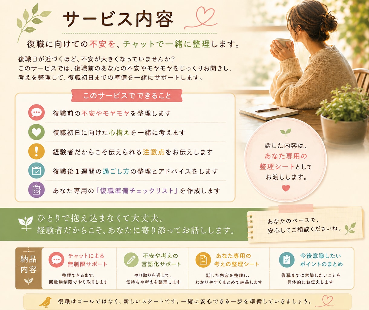 うつ病の復職前不安をチャットで整理します 復職経験者が初日までの不安と準備に寄り添います イメージ2