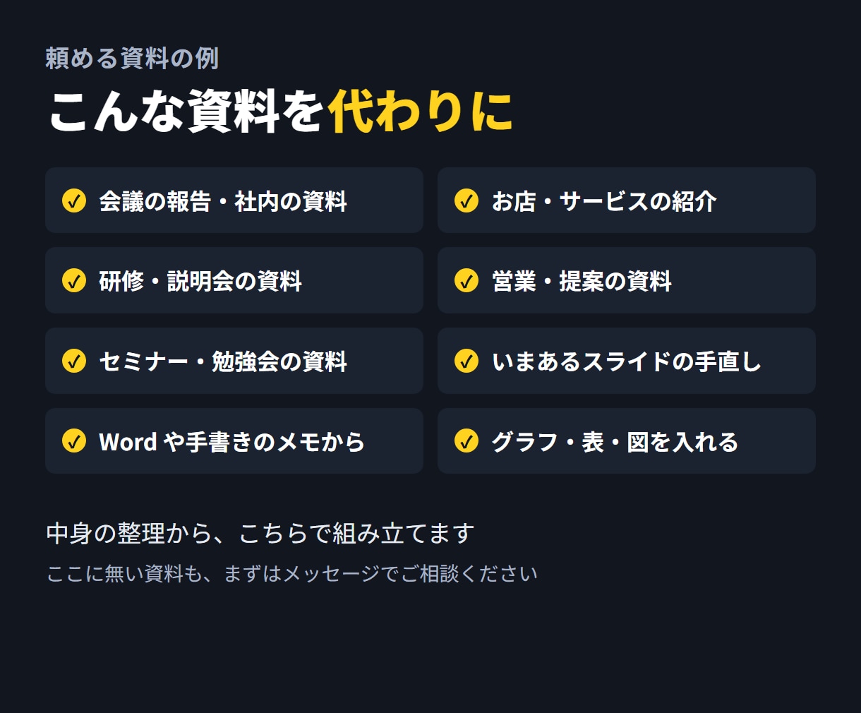 箇条書きのメモから伝わるスライド資料を作ります メモを送るだけ。PowerPointとPDFでお渡し イメージ6