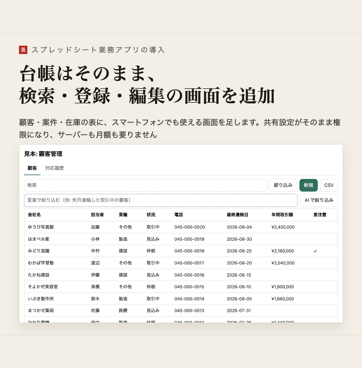 スプレッドシートに業務アプリの画面を作ります 台帳はそのまま、検索・登録・編集の画面を追加します イメージ1