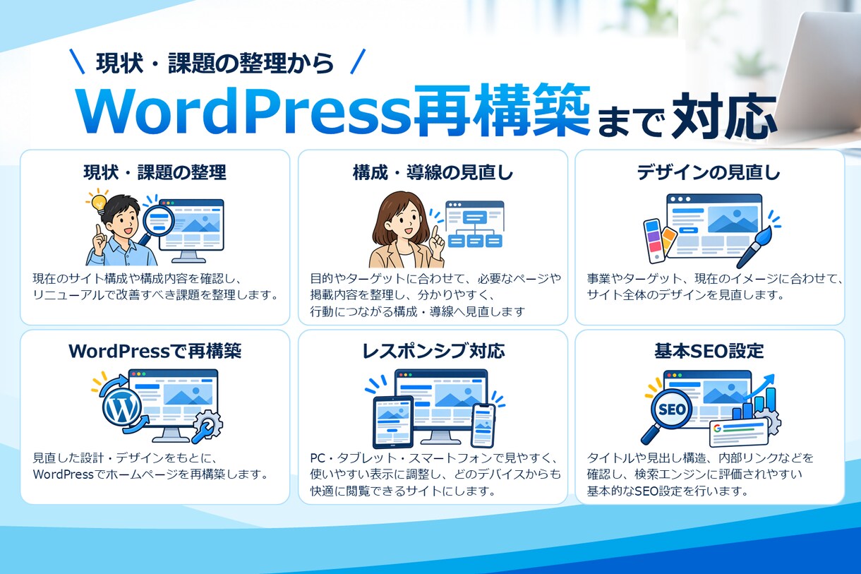 WordPressホームページをリニューアルします 既存サイトの課題を整理し、構成・導線から見直して再構築 イメージ3