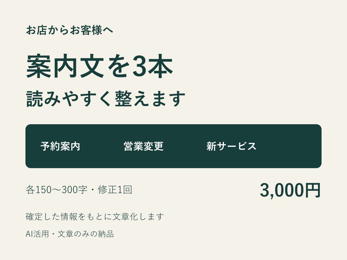 お店の予約や営業の案内文を3本整えます 確定情報から文章化｜各150〜300字・修正1回 イメージ1