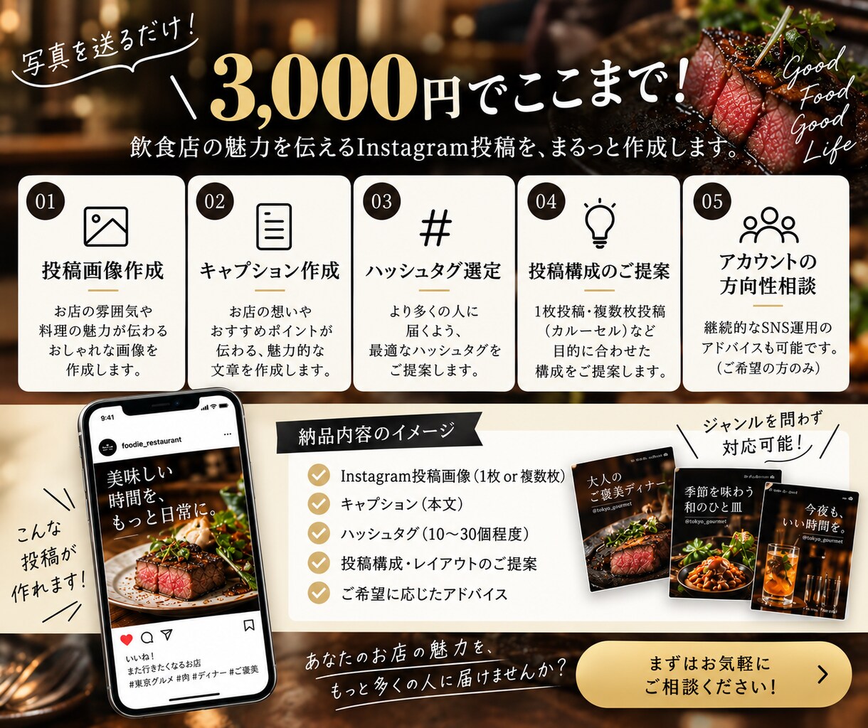飲食店のInstagram投稿作成します 「写真を送るだけ」で投稿をまるっと作成／SNS投稿サポート イメージ3