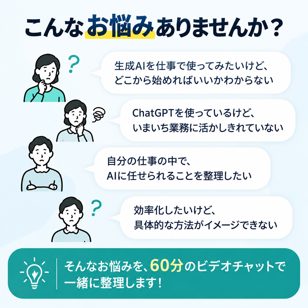 仕事での生成AI活用を一緒に整理しますます 生成AIを『なんとなく便利』から『明日使える業務改善』へ。 イメージ2