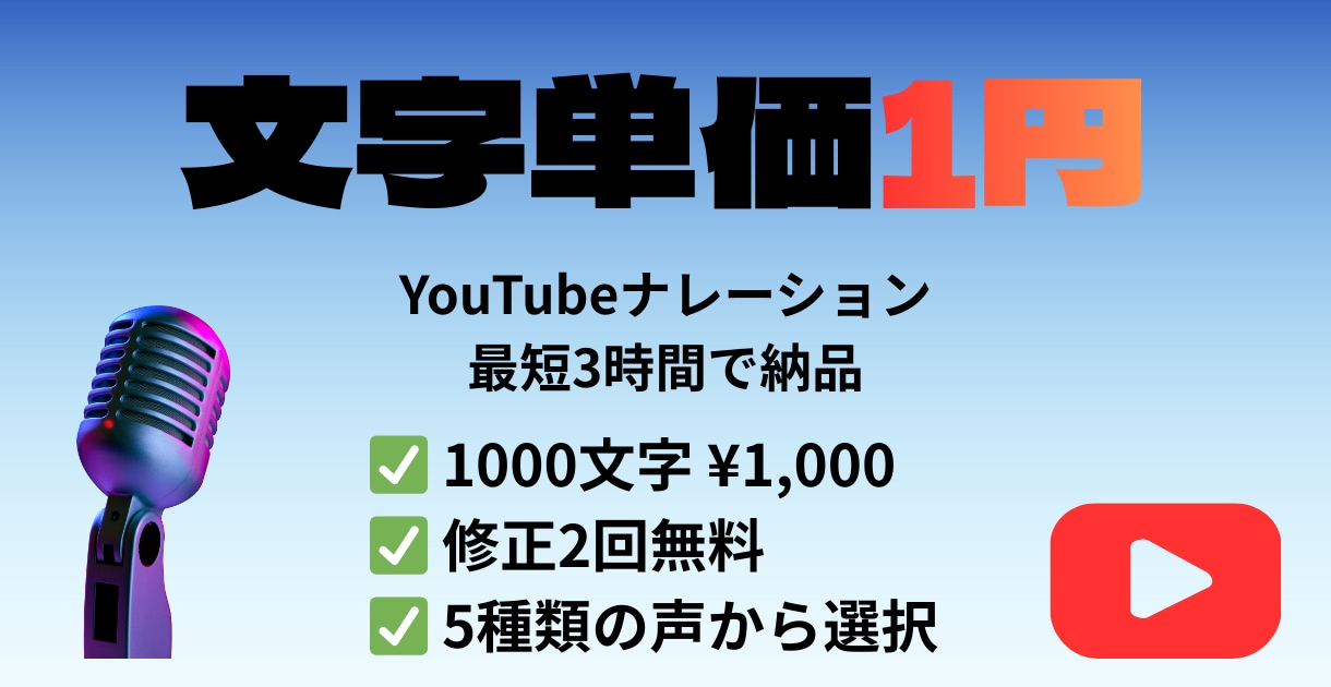 文字単価1円ナレーション作成最短3時間で納品します 単価1円×最短3時間納品YouTube・TikTok向け イメージ1