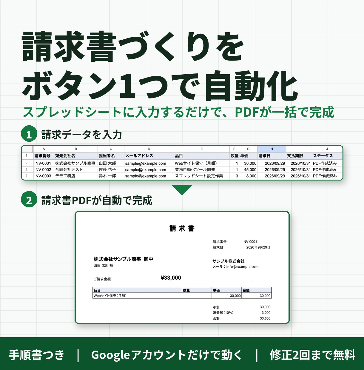スプレッドシートから請求書PDFを自動作成します ボタン1つで請求書PDFが完成。手順書つきで安心 イメージ1