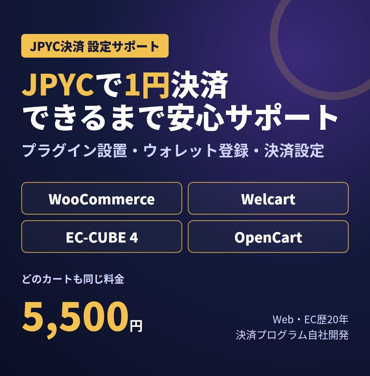 JPYC決済の導入を1円決済までサポートします 4種のECカート対応｜1円テスト決済まで安心 イメージ1