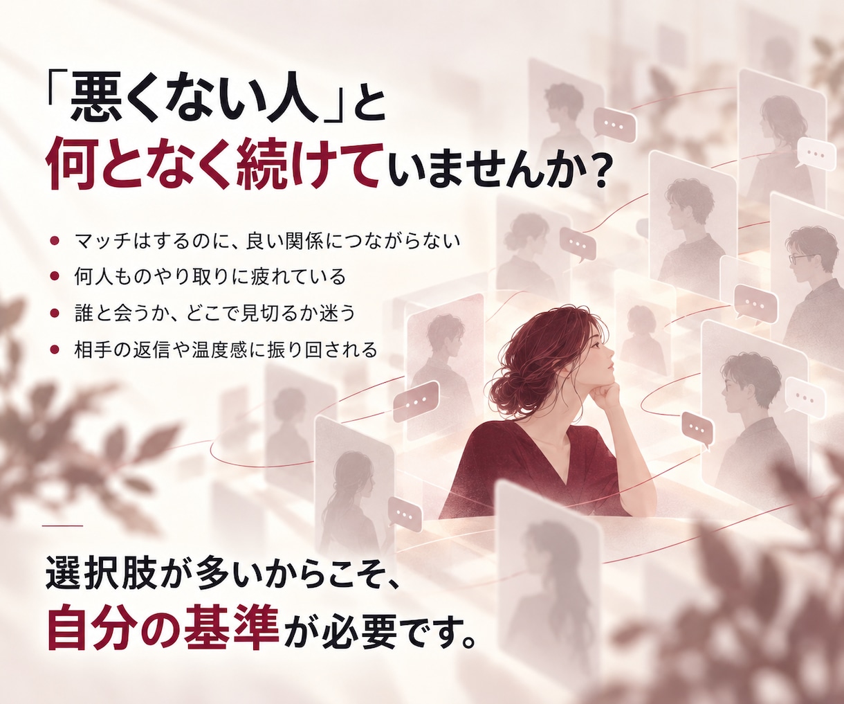 マッチングアプリで自分に合う人の見極め方を教えます 万人受けより、あなたに本当に合う人との出会いを。 イメージ2