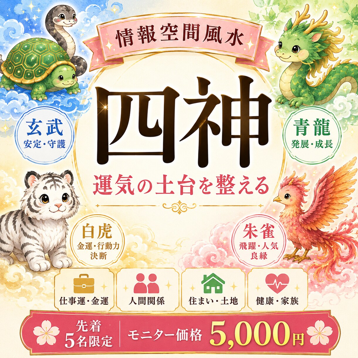 モニター価格で情報空間風水『四神』で運気を整えます 運気の土台を整え、良い流れを呼び込むお手伝いをします イメージ1