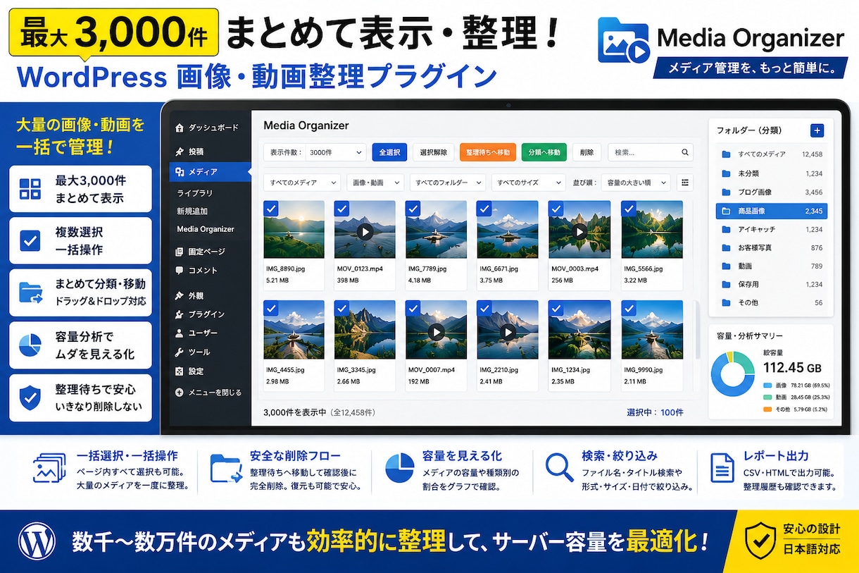 WordPress画像整理プラグインを提供します 最大3,000件を一括表示！画像・動画をまとめて整理できます イメージ2