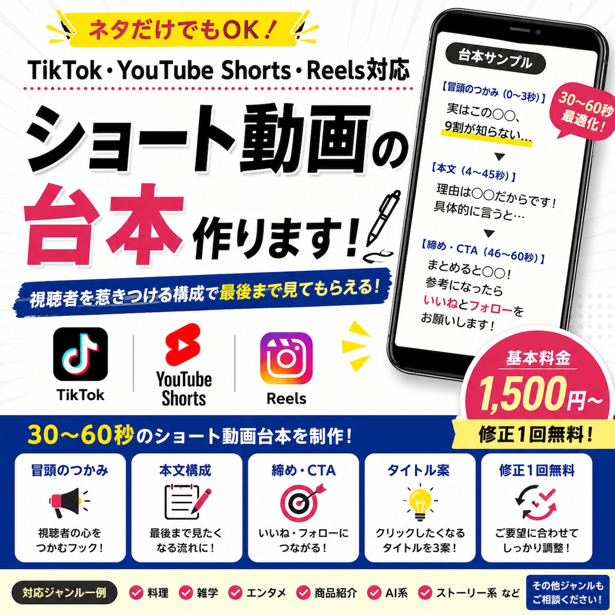TikTok・ユーチューブショートの台本作成ます ネタだけでもOK！30〜60秒の見やすいショート動画台本制作 イメージ1