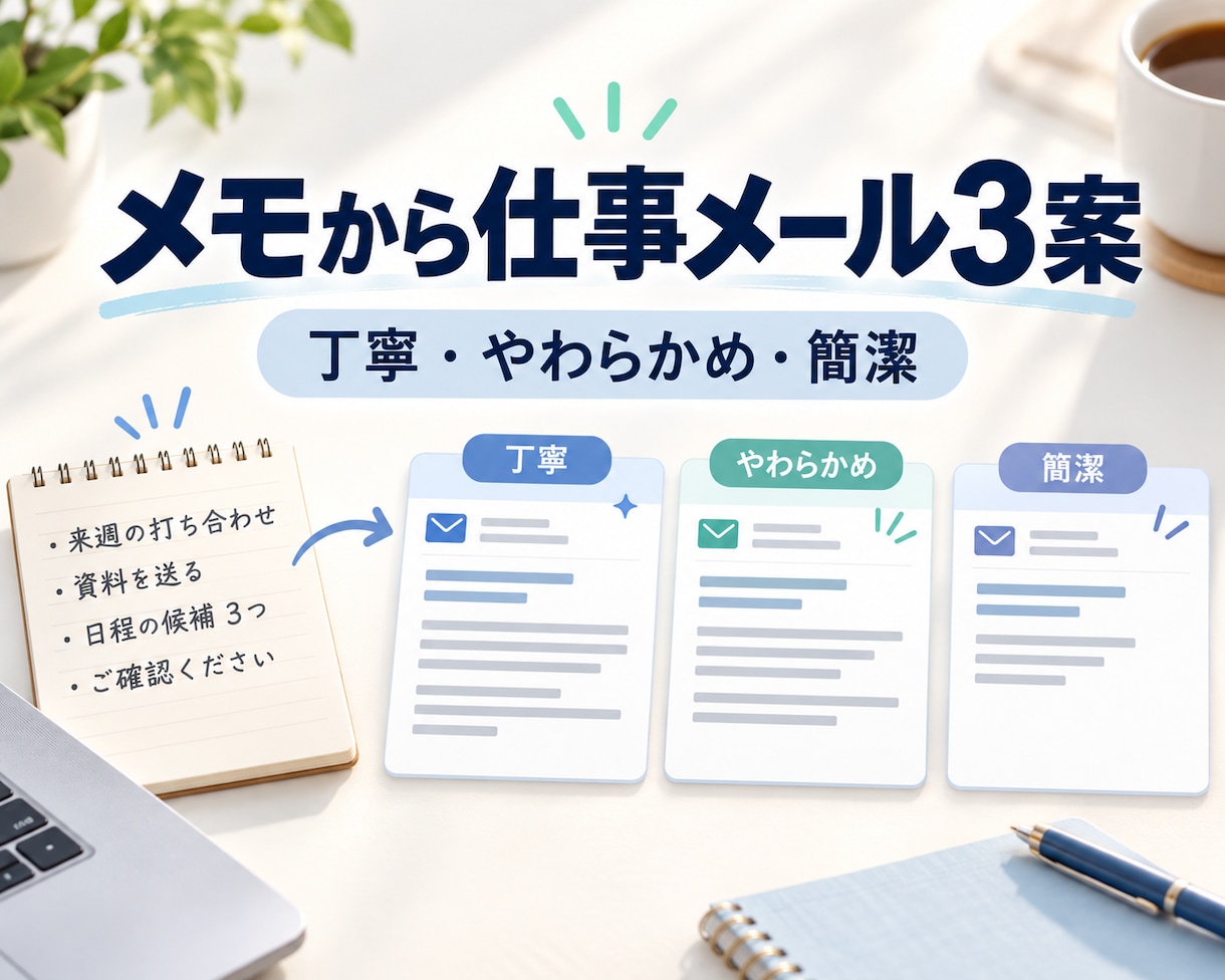 仕事のメール・連絡文を3案作ります 箇条書きから、丁寧・やわらかめ・簡潔の3案 イメージ1