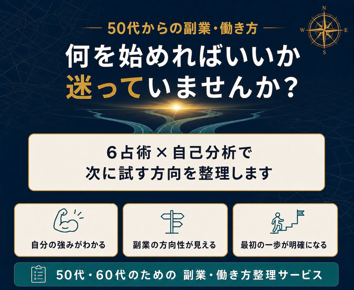 50代の副業・働き方の迷いを整理します 6占術×自己分析で、次に試す方向を言語化します イメージ1