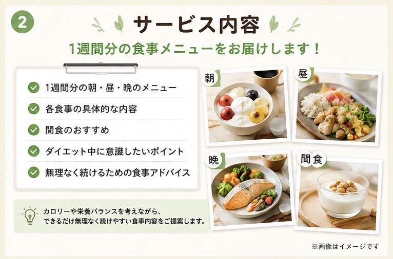 あなた専用のダイエット献立作ります 【1週間分】無理なく続けるダイエットメニューを作成します！ イメージ2