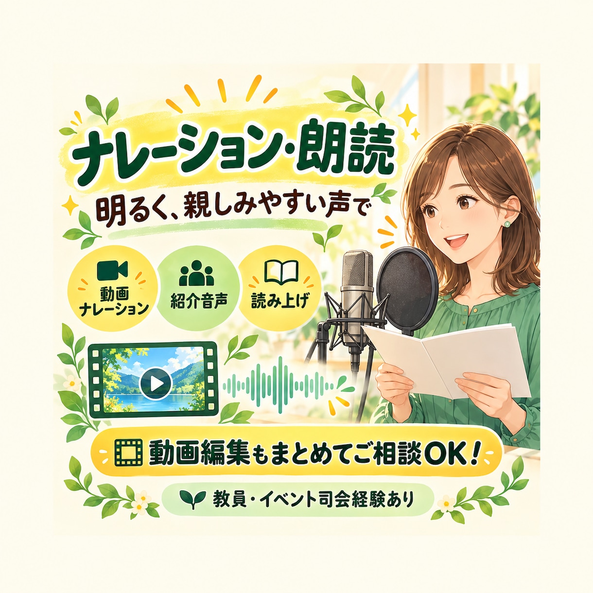 明るく親しみやすい声でナレーションをお届けします 教員・司会経験を活かした読み上げ！動画編集も一緒に承ります イメージ1