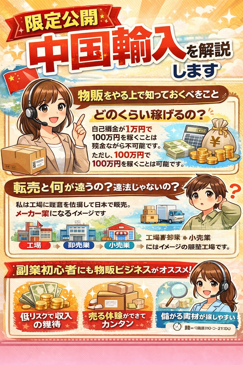 メルカリやヤフオク中国輸入転売を教えます スマホでOK、仕入れ資金も少額、日本語のみの中国輸入転売。 イメージ1